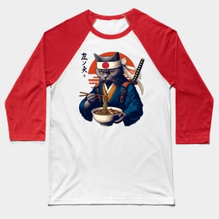 Samurai Cat Eating Ramen Baseball T-Shirt